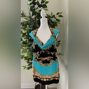 CACHE boutique , vintage baroque design,  90’s cowl neckline , sleeveless Sz xl